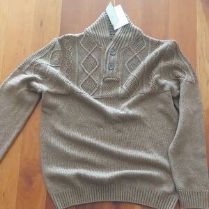 Men's Tan Turtleneck Sweater with Button Detail